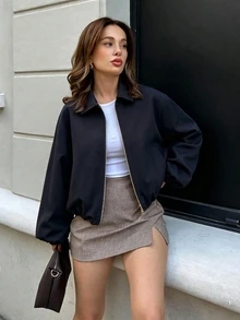 Women's Navy Blue Zip Pocket Jacket - Casual Loose Lapel Spring Autumn Coat - Navy Blue - View 2