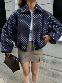女士藏蓝色波点拉链口袋夹克 - 休闲宽松翻领春秋季外套 - 寶藍色 - 查看 6