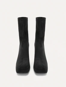 TuEzra Ladies' Black Riding Boots & Western Style Women's Simple Suede Chunky Heel Slip On Booties - Hitam - View 3