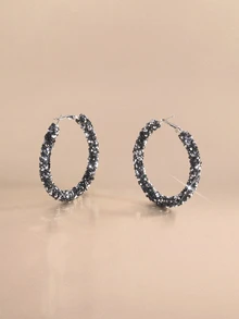 Etoivie 1 Pair Fully Rhinestone Embellished Big Hoop Earrings, Elegant Design For Women Halloween - Black - View 1