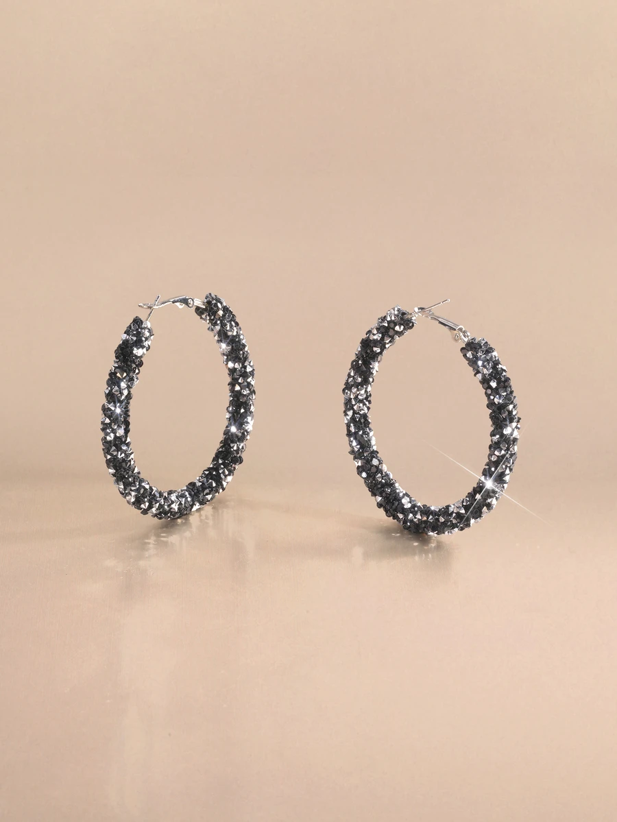 Etoivie 1 Pair Fully Rhinestone Embellished Big Hoop Earrings, Elegant Design For Women Halloween - Black - View 1