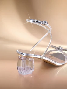 Etoivie Women's Fully Rhinestoned Transparent Heel Sandals, Faux Leather Material, Elegant Date Night Style, Halloween - Silver - View 2