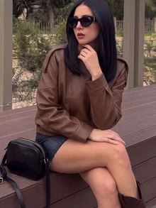 Women's Elegant Vintage Street Motorcycle Style Faux Leather Jacket, Stand Collar Zip-Up Jacket, Autumn Casual , Vacation - Redwood - View 3
