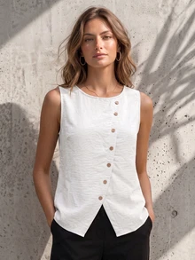 Women's Polyester Fiber Camisole Top With Bohemian Style, Featuring Asymmetric Button Detail And Round Neck, Regular Length White Casual Summer, Aesthetic - White - View 3