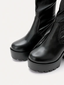 TuEzra Giày bốt nữ cao quá gối đế dày gót chunky, bốt xỏ chân chất liệu PU thiết kế mũi tròn đế cao su bền - màu đen - Xem 4