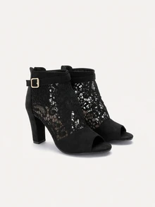 TuEzra Fall/Winter Women's Fashion New Black, Light Brown, Brown Perforated Lace Net Peep Toe High Heel Ankle Boots - Black - View 1