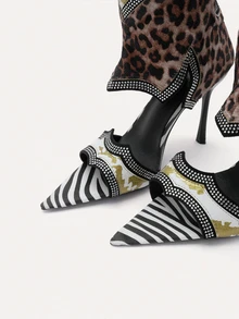 TuEzra Sepatu Bot Setengah Betis Wanita, Ujung Lancip Motif Leopard Seksi, Desain Ujung Terbuka, Sepatu Bot Setengah Betis yang Modis & Serbaguna - Putih - View 4