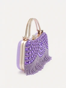 TuEzra New Rhinestone Decorated Clutch Bag, Sparkling Glitter Tassel Decor, Women's Gift, Suitable For Party, Wedding, Banquet - Purple - View 3