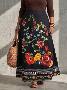 Plus Size Women's Printed Mid-Length Skirt With Pockets - Multicolor - View 2