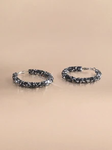 Etoivie 1 Pair Fully Rhinestone Embellished Big Hoop Earrings, Elegant Design For Women Halloween - Black - View 2