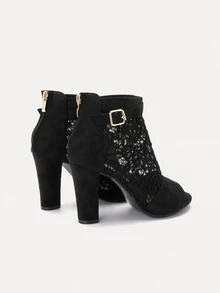TuEzra Fall/Winter Women's Fashion New Black, Light Brown, Brown Perforated Lace Net Peep Toe High Heel Ankle Boots - Black - View 2
