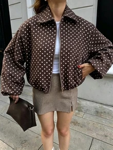 女士棕色波点拉链口袋夹克 - 休闲宽松翻领春秋外套 - 棕色 - 查看 7