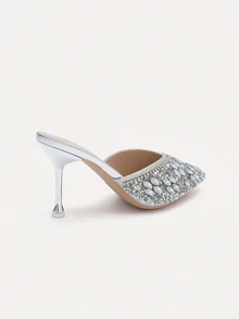 TuEzra Women's High Heel Shoes With Rhinestone & Chain Detail, Pointed Toe, Suitable For Daily And Party Wear, Elegant, Mule - Silver - View 3