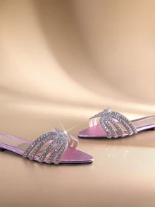 Etoivie Rhinestone Pointed Toe Slip-On Slippers, Shiny New H-Shaped Flat Sandals For Women,  Halloween - Pink - View 4