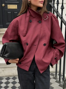 Short Burgundy Trench Coat, French Vintage Style, Blending Urban Mature Cargo Style Aesthetic, Stand Collar Double-Breasted Design, Exuding Coolness And Fashionable Vibe, Suitable For Daily Commute, Casual Socializing And Dating Occasions - Burgundy - View 3