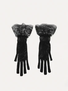TuEzra 1 Pair Mesh Lace Trim Gloves (Floral Pattern And Placement On Gloves Are Random) - Black - View 1