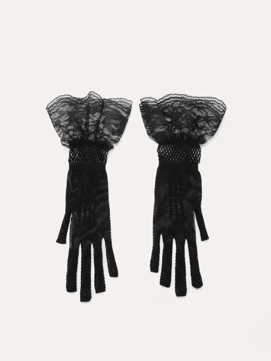TuEzra 1 Pair Mesh Lace Trim Gloves (Floral Pattern And Placement On Gloves Are Random) - Black - View 1