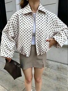 女士白色波点拉链口袋夹克 - 休闲宽松翻领春秋季度假外套 - 白色 - 查看 6