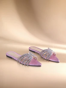 Etoivie Rhinestone Pointed Toe Slip-On Slippers, Shiny New H-Shaped Flat Sandals For Women,  Halloween - Pink - View 1