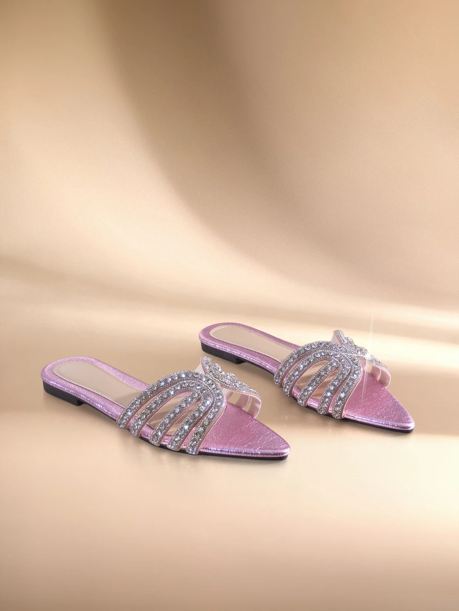 Etoivie Rhinestone Pointed Toe Slip-On Slippers, Shiny New H-Shaped Flat Sandals For Women, Halloween - Pink - View 1