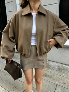女士栗色拉链口袋夹克 - 休闲宽松翻领春秋外套 - 紫紅色 - 查看 6