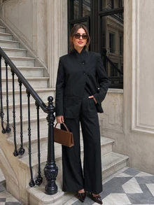 Women's Autumn Elegant Casual Fashion Black Button Cardigan Long Sleeve Blazer And Pants 2-Piece Set, Suitable For Office And Outings - Black - View 2