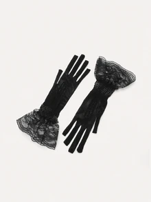 TuEzra 1 Pair Mesh Lace Trim Gloves (Floral Pattern And Placement On Gloves Are Random) - Black - View 3