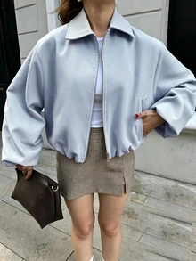 女士浅蓝色拉链口袋夹克 - 休闲宽松翻领春秋季外套 - 淺藍色 - 查看 6
