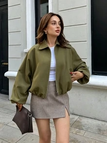 Jaket Wanita Warna Hijau Militer dengan Kantong Resleting - Pakaian Luar Kasual dengan Kerah Longgar, Cocok untuk Musim Semi dan Gugur - Hijau Tentara - View 5