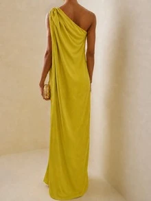 Elegant Sleeveless One Shoulder Slit Hem Solid Color Dress Summer - Mustard Yellow - View 3