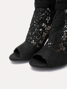 TuEzra Fall/Winter Women's Fashion New Black, Light Brown, Brown Perforated Lace Net Peep Toe High Heel Ankle Boots - Black - View 4