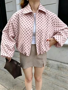 Women's Pink Polka Dot Zip Pocket Jacket - Casual Loose Lapel Spring/Autumn Coat - Pink - View 6
