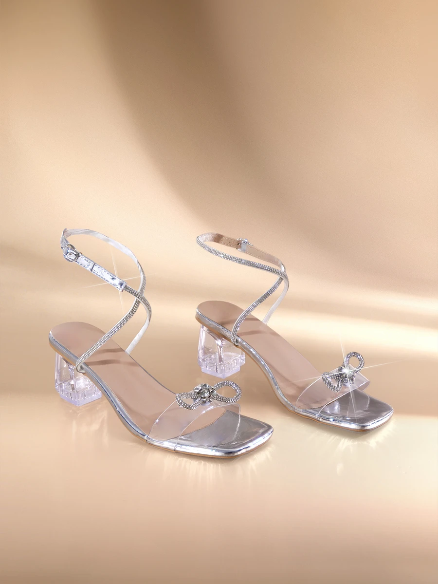 Etoivie Women's Fully Rhinestoned Transparent Heel Sandals, Faux Leather Material, Elegant Date Night Style, Halloween - Silver - View 1