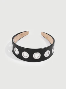 DareSee 1pc Punk Style Black Faux Leather Metal Hollow Headband, Fashionable & Versatile Accessory, Autumn/Winter , Halloween - Black - View 2