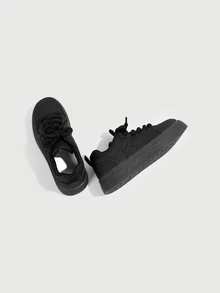 DareSee Fall/Winter Women's Fashion Versatile Contrast Color Splicing Breathable Comfortable Lace-Up Round Toe Casual Sneakers, White Shoes - Black - View 2