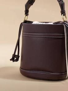 Glizzene New Fashion Classic Versatile Solid Color Waterproof PU Material Women's Handbag, Drawstring Closure Design, Contrast Color Bucket Bag - Coffee - View 4