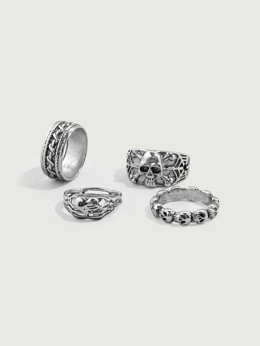 DareSee 4pcs/Set Skull Decor Ring Halloween - Antique Silver - View 1