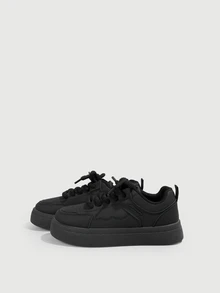 DareSee Fall/Winter Women's Fashion Versatile Contrast Color Splicing Breathable Comfortable Lace-Up Round Toe Casual Sneakers, White Shoes - Black - View 4