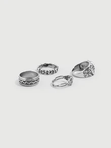 DareSee 4pcs/Set Skull Decor Ring Halloween - Antique Silver - View 2