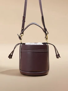 Glizzene New Fashion Classic Versatile Solid Color Waterproof PU Material Women's Handbag, Drawstring Closure Design, Contrast Color Bucket Bag - Coffee - View 2
