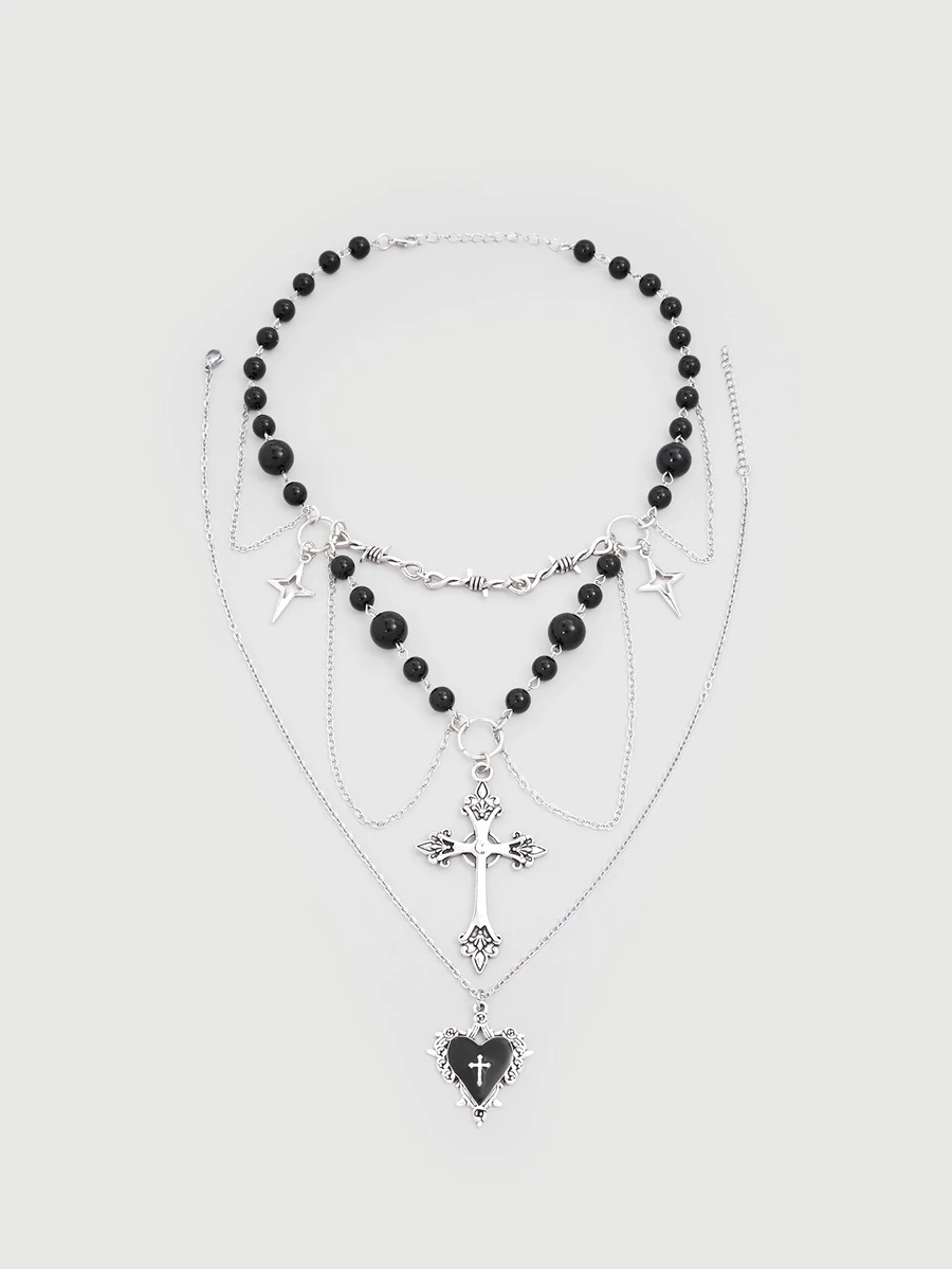 DareSee 2pcs Gothic Layered Cross Necklace, Faux Pearl Tassel Choker Necklace, Rose Thorn Cross Pendant Punk Halloween - Black - View 1