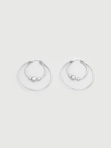 DareSee 2pcs Stainless Steel Exaggerated Round Pearl Hoop Earrings, Unisex, Smooth Design, Retro Double Ring Earrings, Personalized Jewelry Halloween - A Pair Of Stainless Steel Bead Earrings - View 1