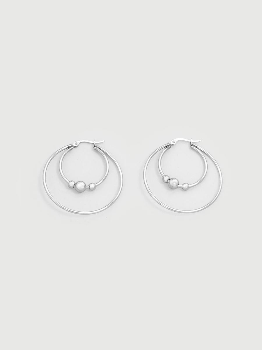 DareSee 2pcs Stainless Steel Exaggerated Round Pearl Hoop Earrings, Unisex, Smooth Design, Retro Double Ring Earrings, Personalized Jewelry Halloween - A Pair Of Stainless Steel Bead Earrings - View 1