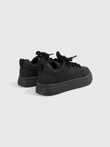 DareSee Fall/Winter Women's Fashion Versatile Contrast Color Splicing Breathable Comfortable Lace-Up Round Toe Casual Sneakers, White Shoes - Black - View 3