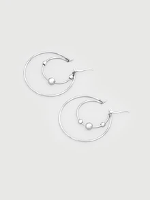 DareSee 2pcs Stainless Steel Exaggerated Round Pearl Hoop Earrings, Unisex, Smooth Design, Retro Double Ring Earrings, Personalized Jewelry Halloween - A Pair Of Stainless Steel Bead Earrings - View 2
