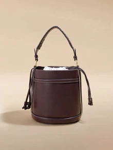 Glizzene New Fashion Classic Versatile Solid Color Waterproof PU Material Women's Handbag, Drawstring Closure Design, Contrast Color Bucket Bag - Coffee - View 1