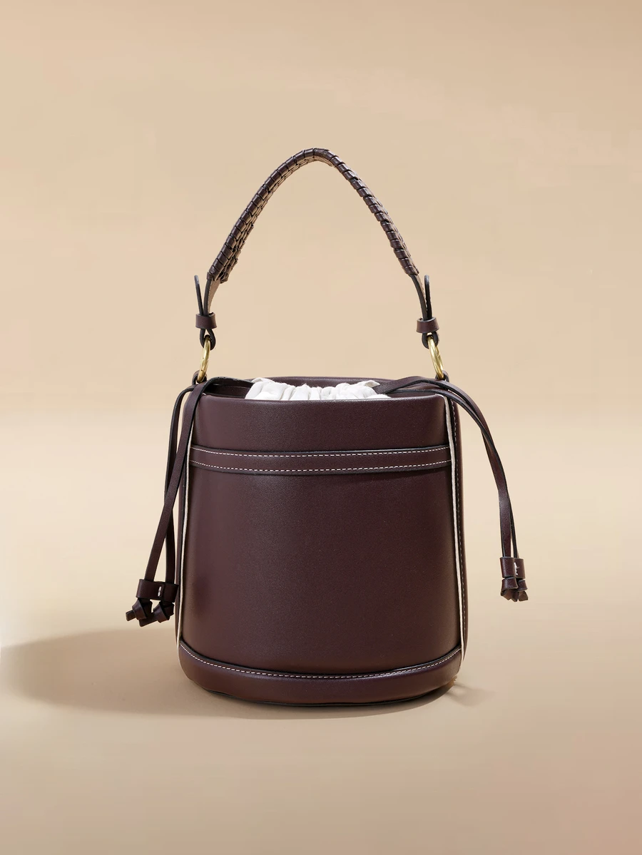 Glizzene New Fashion Classic Versatile Solid Color Waterproof PU Material Women's Handbag, Drawstring Closure Design, Contrast Color Bucket Bag - Coffee - View 1