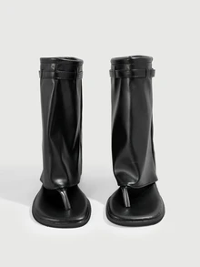DareSee 1 Pair Toe-Post Sandals, Open Toe, Toe-Post Bootie Design, Combining Breathability Of Sandals And Style Of Boots, Solid Color Bohemian Microfiber Leather Buckle Boots Boots, Party Shoes For All Seasons, Recommended To Order Half Size Up Halloween - Black - View 2