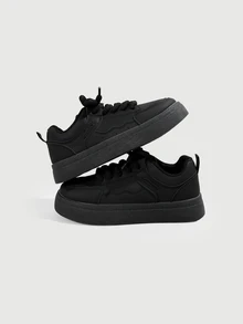DareSee Fall/Winter Women's Fashion Versatile Contrast Color Splicing Breathable Comfortable Lace-Up Round Toe Casual Sneakers, White Shoes - Black - View 1