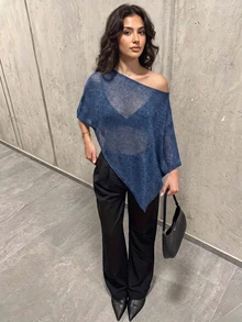 Women's Semi-Sheer Batwing Sleeve Round Neck Top, Regular Asymmetric Hem, Knit Fabric With Moderate Stretch Summer - Royal Blue - View 1